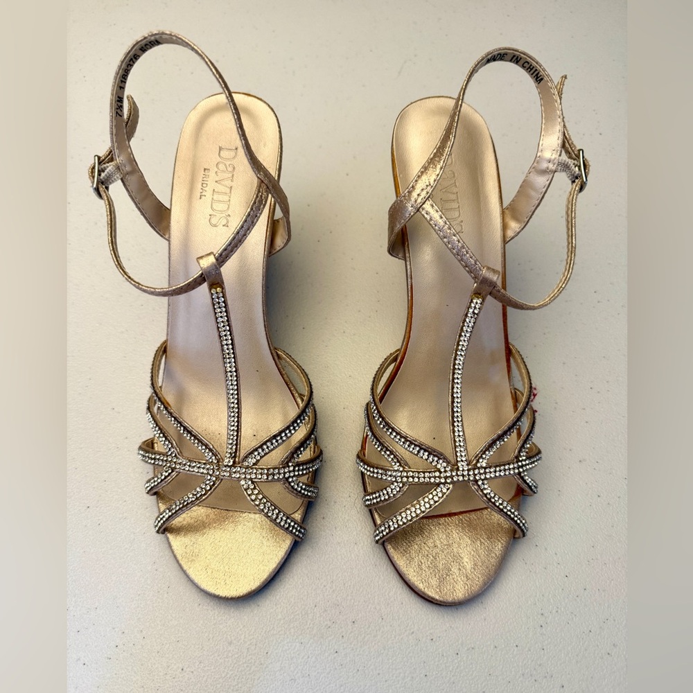 David's Bridal Gold Rhinestone Strappy Heels
